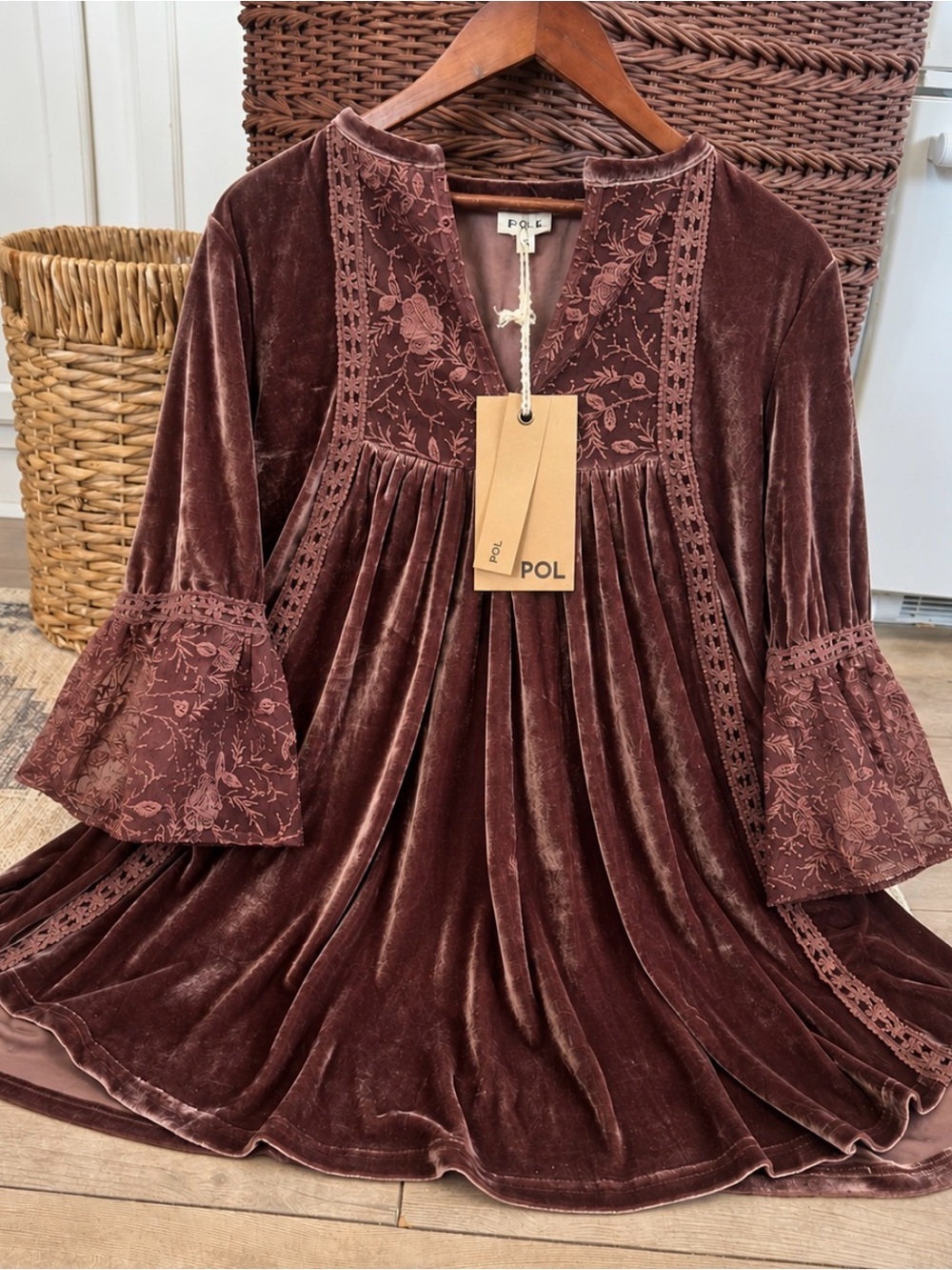 POL Velvet Embroidered Boho Babydoll Dress / Tunic Bell Sleeve Brown Small NWT